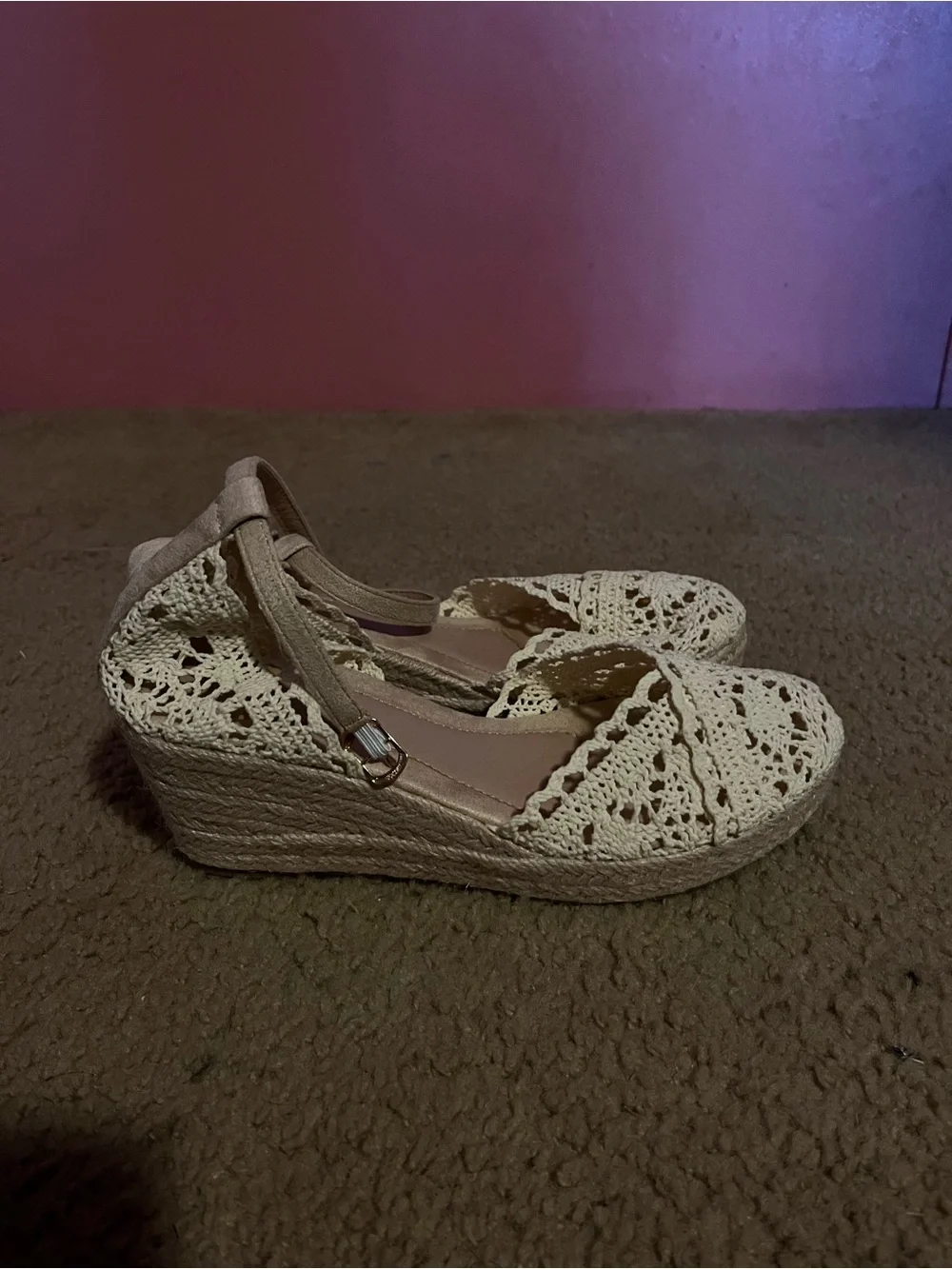 Tan and Cream Lace up Espadrille Wedges